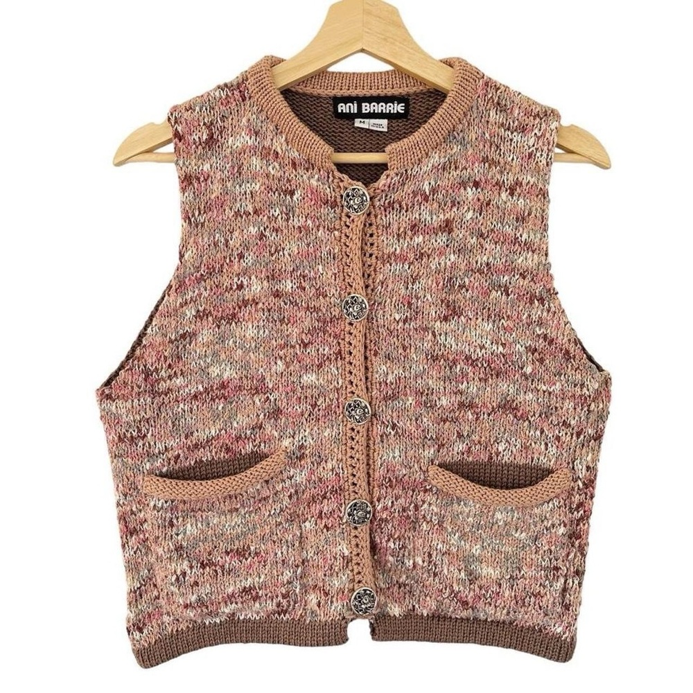 Vintage Ani Barrie Tan Blush Pink Knit Button Down Vest M